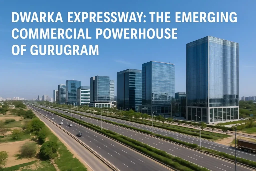 Aerial view of the Dwarka Expressway in Gurugram lined with modern glass office buildings and smooth multi-lane highways under a clear blue sky.