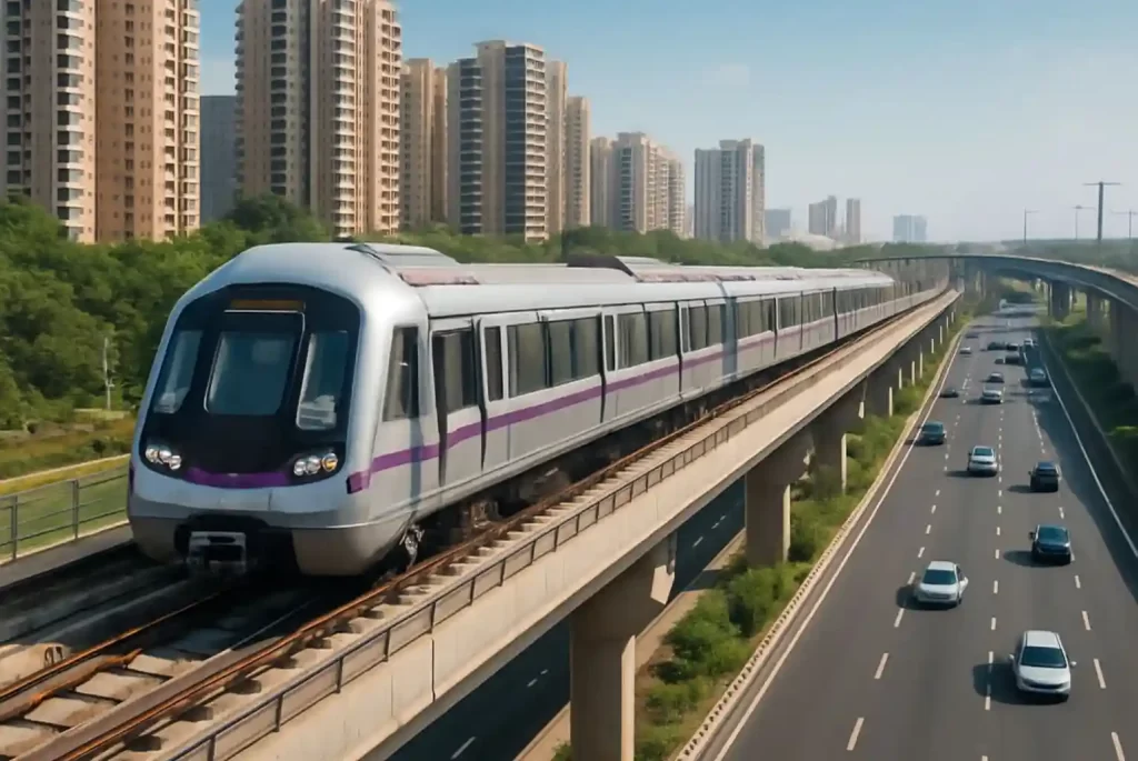 Metro train on elevated track beside expressway and high-rise buildings in Gurgaon.