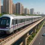 Metro train on elevated track beside expressway and high-rise buildings in Gurgaon.