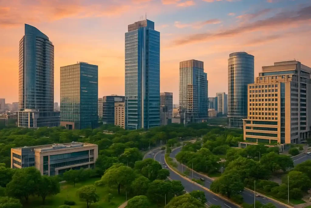 A panoramic view of Gurgaon’s modern skyline at sunset, featuring tall glass buildings surrounded by lush green parks and wide roads.