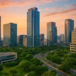 A panoramic view of Gurgaon’s modern skyline at sunset, featuring tall glass buildings surrounded by lush green parks and wide roads.