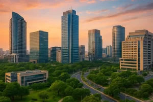 A panoramic view of Gurgaon’s modern skyline at sunset, featuring tall glass buildings surrounded by lush green parks and wide roads.