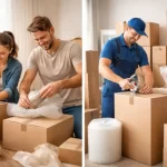 Side-by-side comparison of DIY packing and professional packing services for storage, showing individuals packing boxes at home and trained movers handling items efficiently.