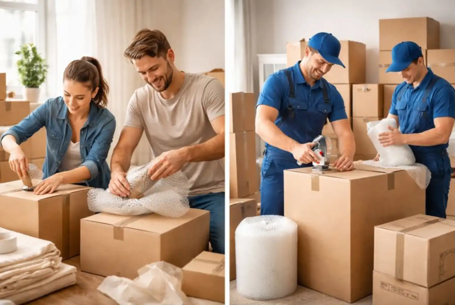 Side-by-side comparison of DIY packing and professional packing services for storage, showing individuals packing boxes at home and trained movers handling items efficiently.