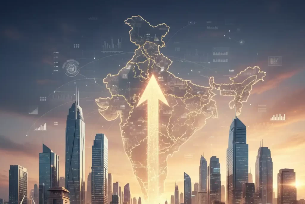 Digital illustration of India’s map with an upward growth arrow highlighting Haryana and Gurgaon as drivers of national economic progress
