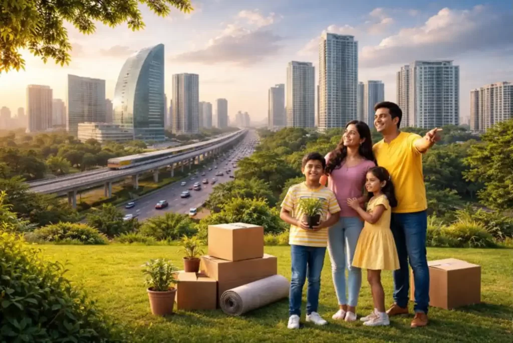 A family relocating to Gurgaon with moving boxes against a modern city skyline and metro corridor in Haryana
