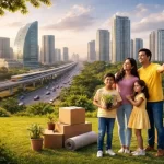 A family relocating to Gurgaon with moving boxes against a modern city skyline and metro corridor in Haryana