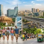 A vibrant collage of Gurgaon city life featuring a group of young travelers walking past the Kingdom of Dreams, modern glass skyscrapers of Cyber City, a Rapid Metro train on an elevated track, and a bustling street with colorful auto-rickshaws.