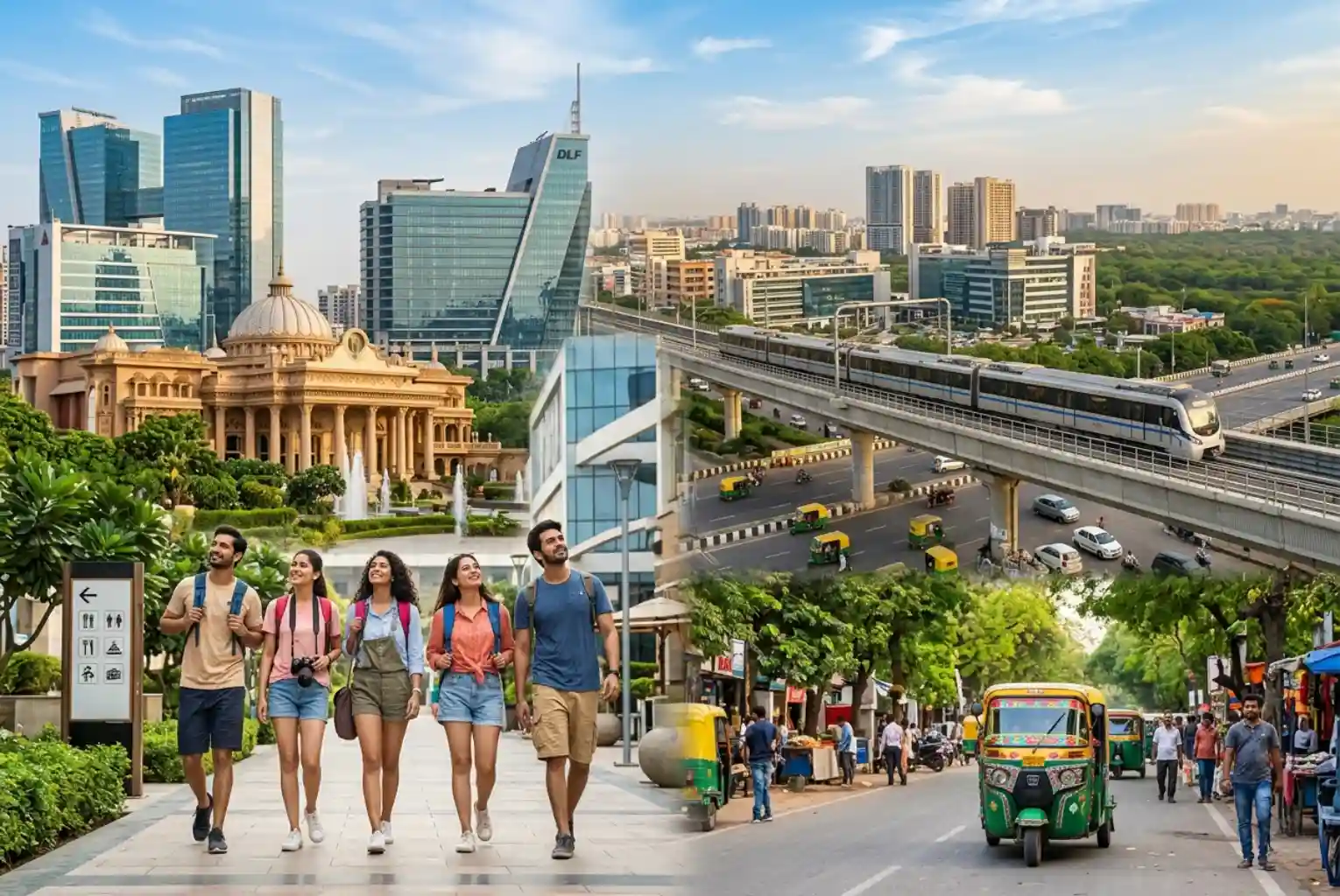 A vibrant collage of Gurgaon city life featuring a group of young travelers walking past the Kingdom of Dreams, modern glass skyscrapers of Cyber City, a Rapid Metro train on an elevated track, and a bustling street with colorful auto-rickshaws.