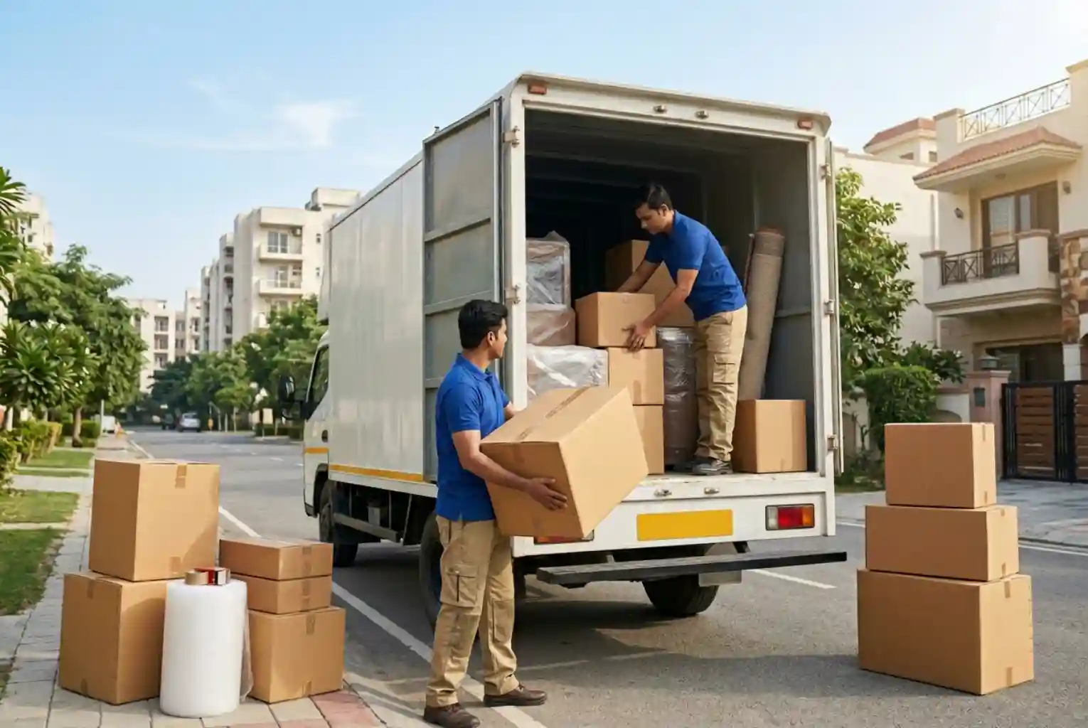 Professional packers and movers in Gurgaon safely loading cardboard boxes into a white moving truck in a residential neighborhood.