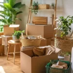 Eco-friendly home moving setup with recyclable cardboard boxes, indoor plants, and sustainable packing materials in a modern living room.