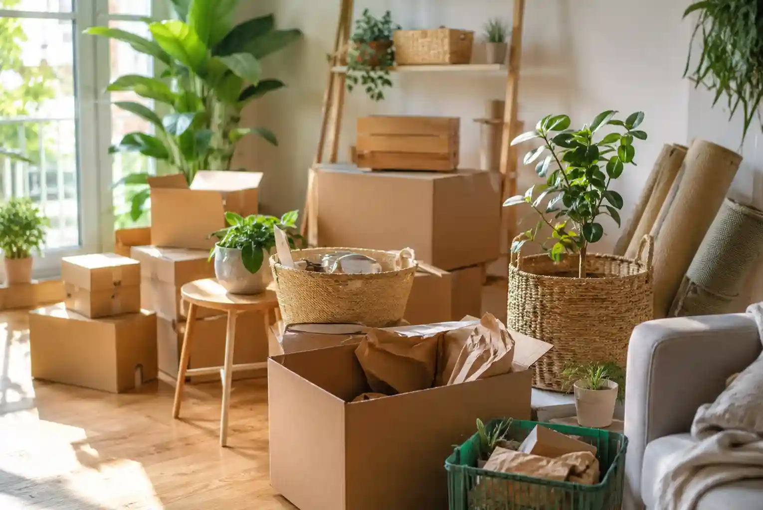 Eco-friendly home moving setup with recyclable cardboard boxes, indoor plants, and sustainable packing materials in a modern living room.
