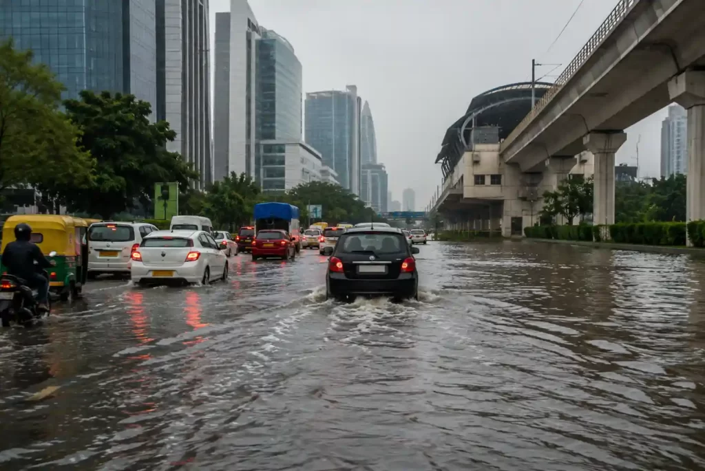 Flooded road in Gurgaon during heavy monsoon rain with vehicles moving through severe waterlogging.