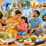 Indian family staying hydrated indoors and outdoors during a Heat Wave in Gurgaon with water, summer fruits, cooling methods, and pet safety precautions.