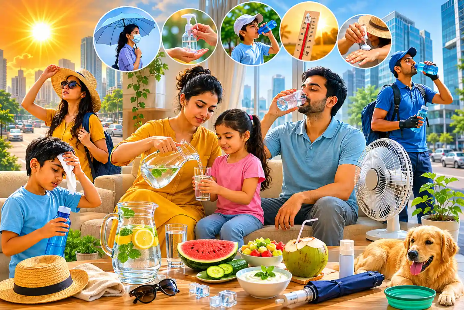 Indian family staying hydrated indoors and outdoors during a Heat Wave in Gurgaon with water, summer fruits, cooling methods, and pet safety precautions.