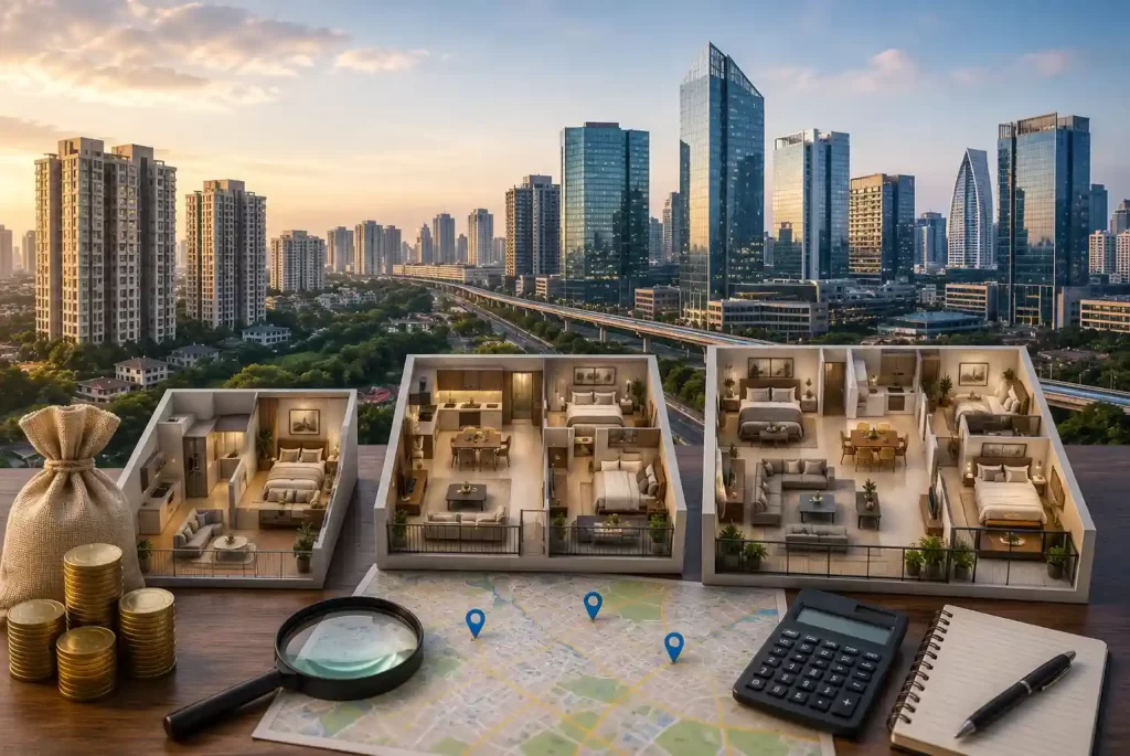 Cost of Renting in Gurgaon in 2026 illustrated through a modern Gurgaon skyline featuring residential apartment towers, luxury high-rises, apartment floor plans, a city map, calculator, and financial elements representing rental costs for 1BHK, 2BHK, and 3BHK apartments across key sectors.