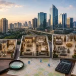 Cost of Renting in Gurgaon in 2026 illustrated through a modern Gurgaon skyline featuring residential apartment towers, luxury high-rises, apartment floor plans, a city map, calculator, and financial elements representing rental costs for 1BHK, 2BHK, and 3BHK apartments across key sectors.