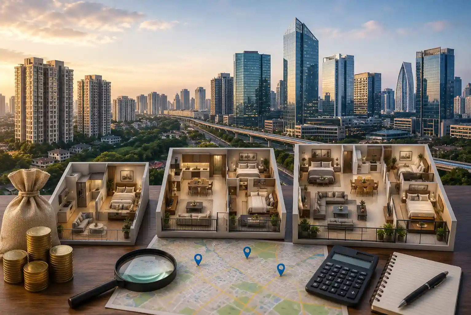 Cost of Renting in Gurgaon in 2026 illustrated through a modern Gurgaon skyline featuring residential apartment towers, luxury high-rises, apartment floor plans, a city map, calculator, and financial elements representing rental costs for 1BHK, 2BHK, and 3BHK apartments across key sectors.