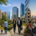 A panoramic view of diverse neighborhoods in Gurgaon featuring modern residential apartments, corporate office towers, green parks, families, working professionals, and young adults enjoying urban life.