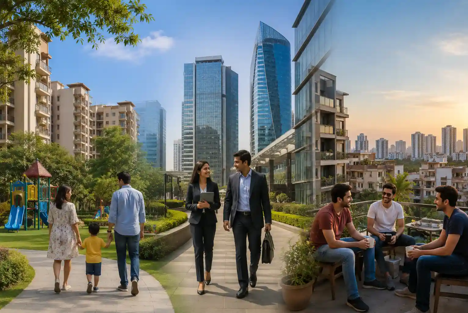 A panoramic view of diverse neighborhoods in Gurgaon featuring modern residential apartments, corporate office towers, green parks, families, working professionals, and young adults enjoying urban life.