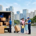 Packers and movers team loading boxes into moving truck for family relocation in Gurgaon