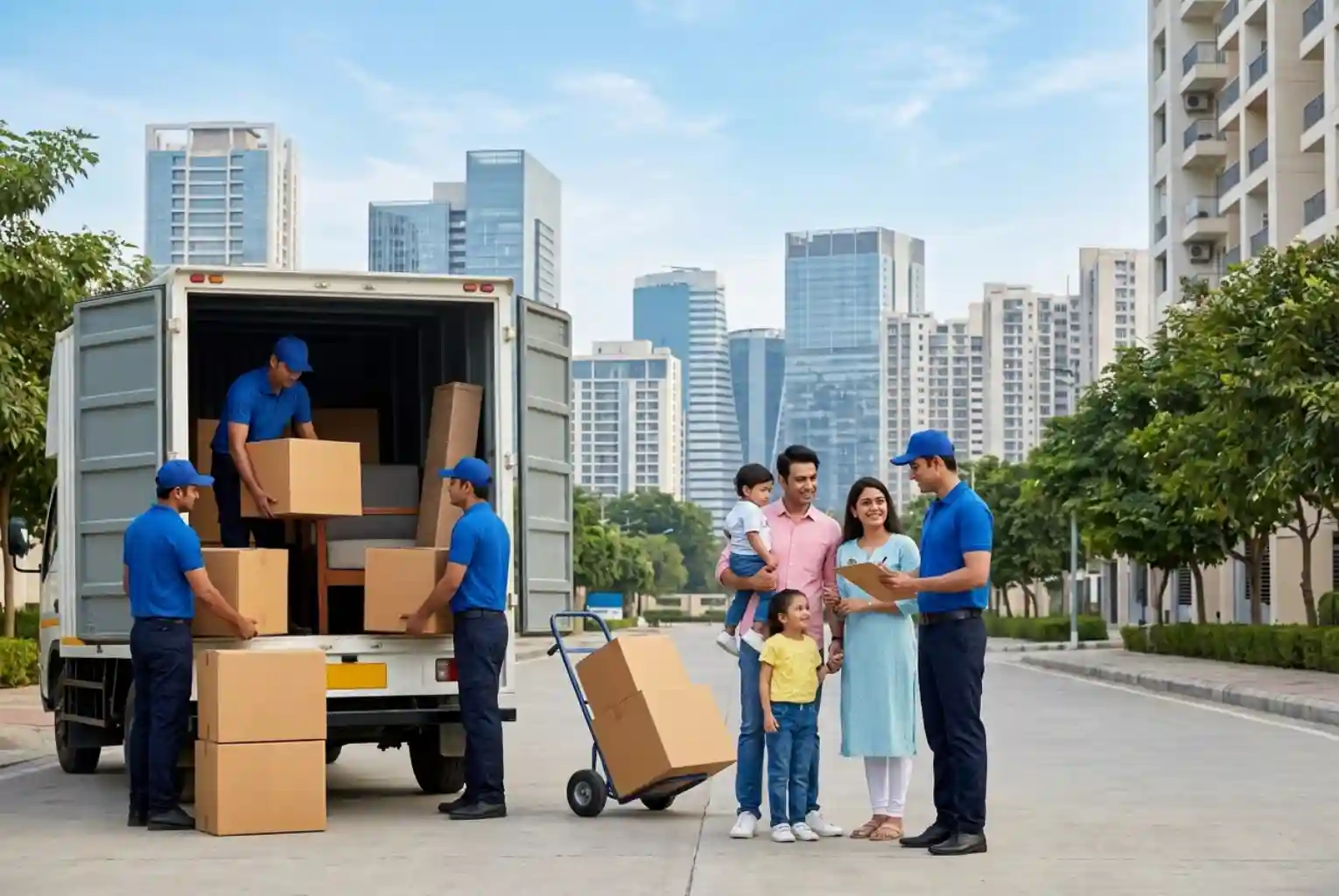 Packers and movers team loading boxes into moving truck for family relocation in Gurgaon