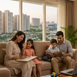Family relaxing in a modern apartment living room, showing what it looks like to live comfortably in Gurgaon