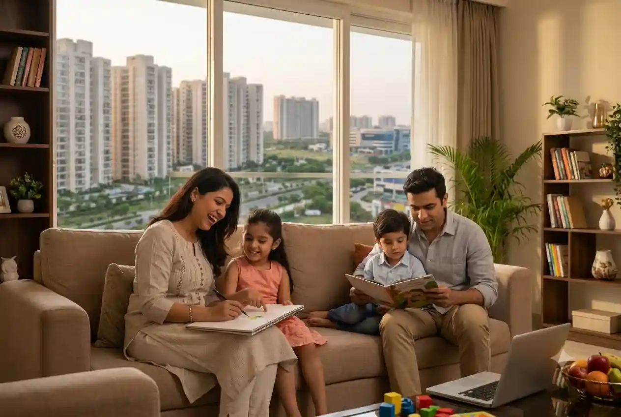 Family relaxing in a modern apartment living room, showing what it looks like to live comfortably in Gurgaon