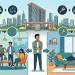 A split-screen illustration of a young bachelor standing in front of a high-rise gated community, deciding between a lively co-living space with a group of people socializing on the left, and a private apartment with a man relaxing alone on the right.