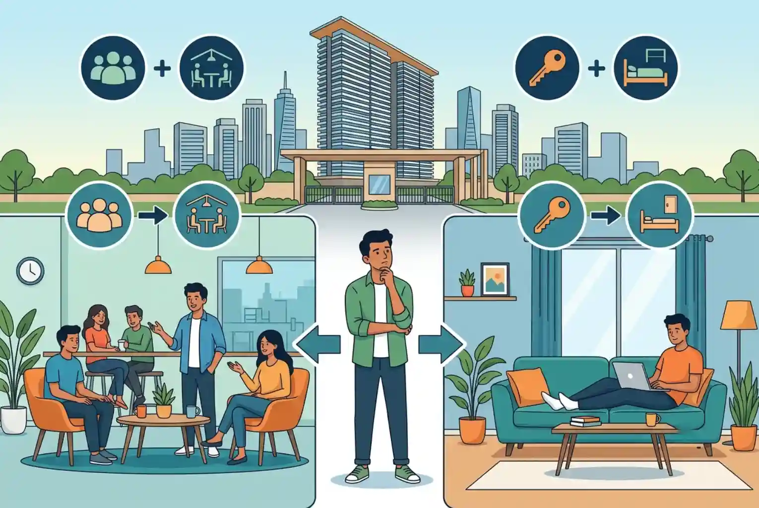 A split-screen illustration of a young bachelor standing in front of a high-rise gated community, deciding between a lively co-living space with a group of people socializing on the left, and a private apartment with a man relaxing alone on the right.