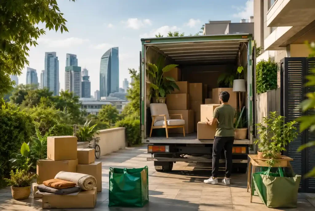 A man loading cardboard boxes and houseplants into a moving truck, with reusable green tote bags and moving blankets resting on the pavement against a backdrop of modern skyscrapers.
