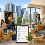 Family relocating to Gurgaon with packed moving boxes, movers, a moving truck, and a new apartment setup.