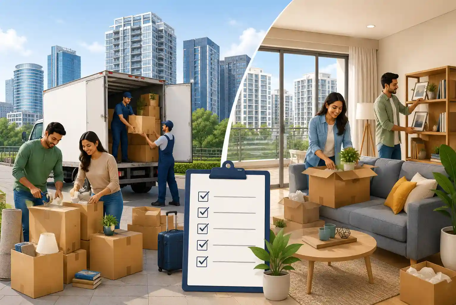 Family relocating to Gurgaon with packed moving boxes, movers, a moving truck, and a new apartment setup.