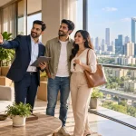 Couple exploring the Right Home in Gurgaon with a real estate agent in a modern apartment.