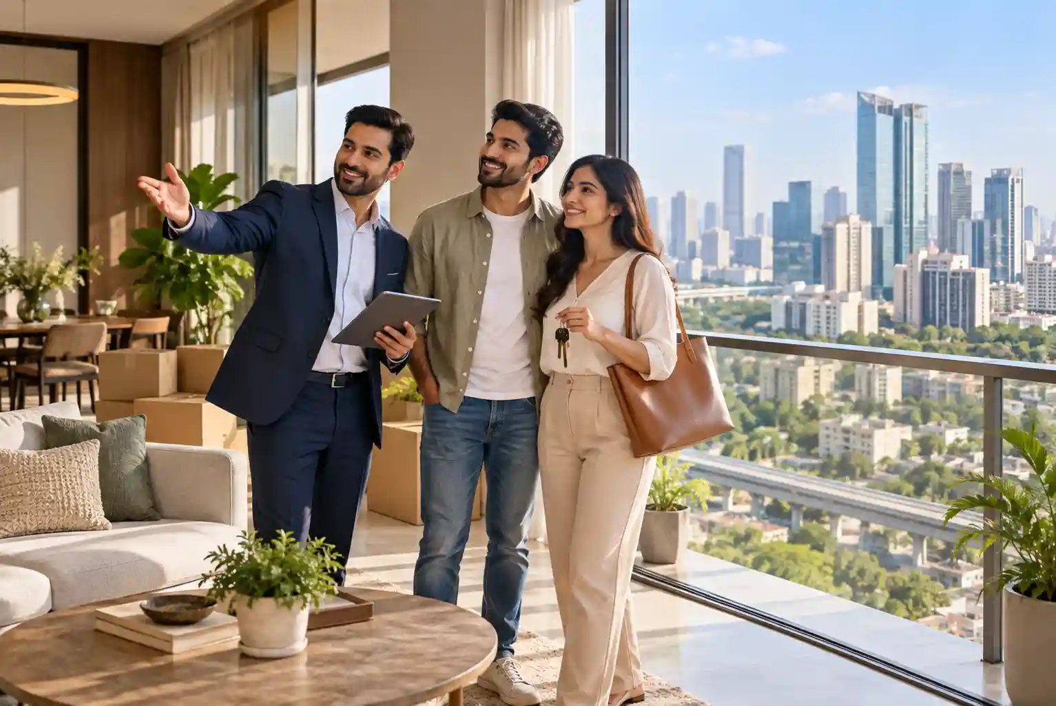 Couple exploring the Right Home in Gurgaon with a real estate agent in a modern apartment.