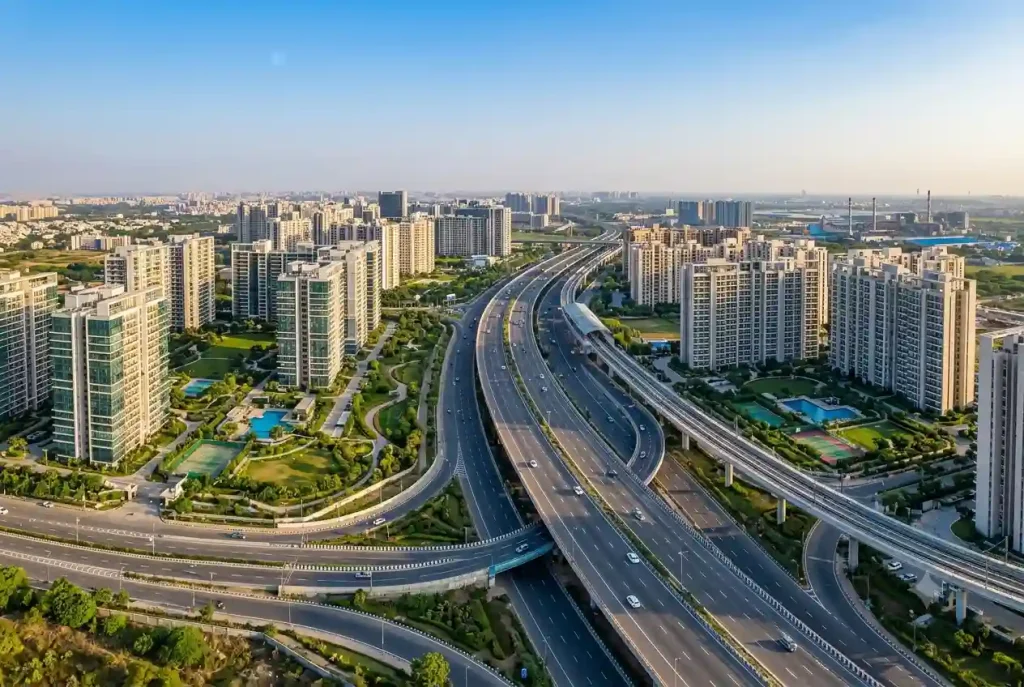 Aerial photograph of the vast Dwarka Expressway network and adjacent modern high-rise residential developments in New Gurgaon.