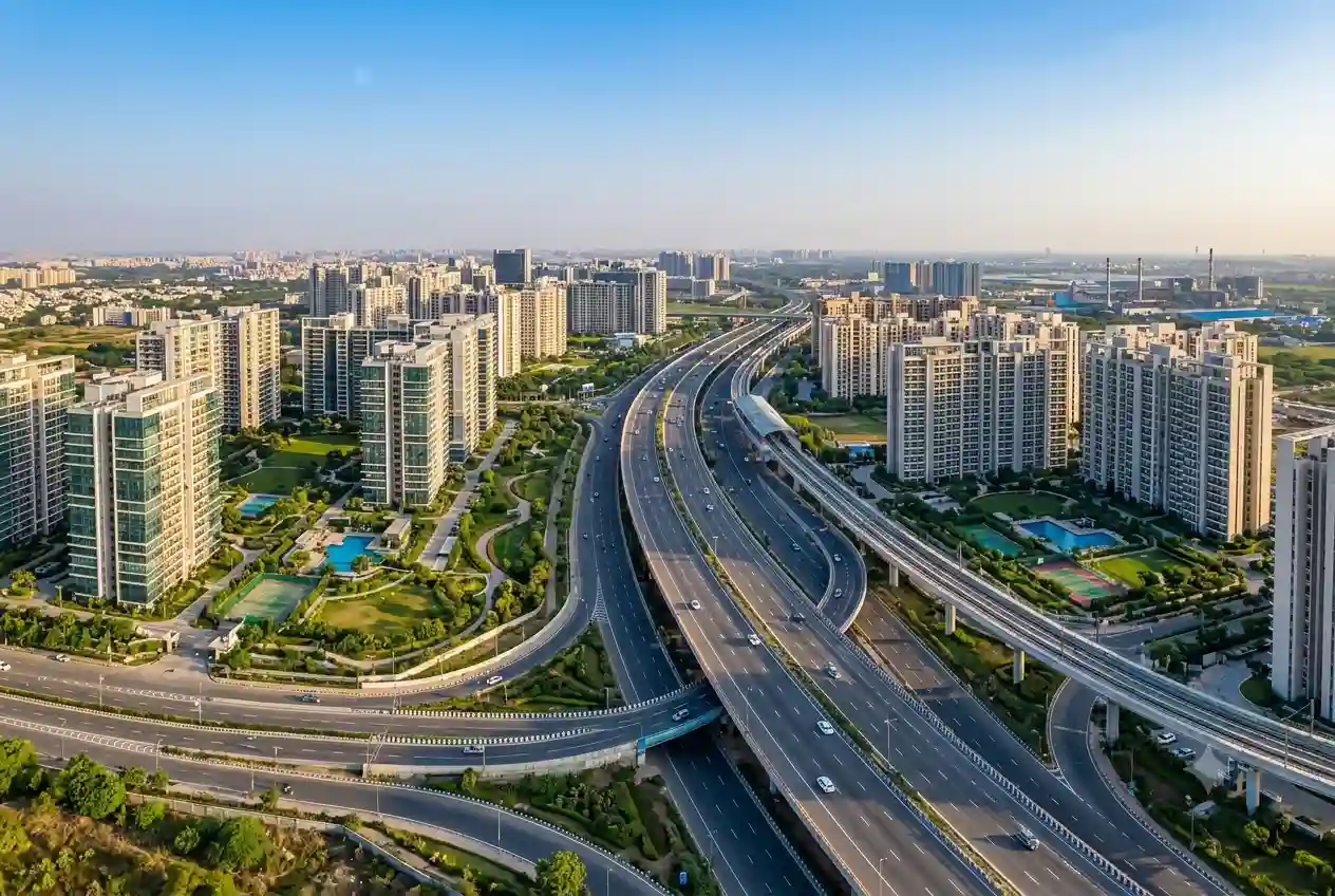 Aerial photograph of the vast Dwarka Expressway network and adjacent modern high-rise residential developments in New Gurgaon.
