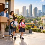 Indian family relocating to Gurgaon with school-going kids, carrying moving boxes and school bags near a modern school.