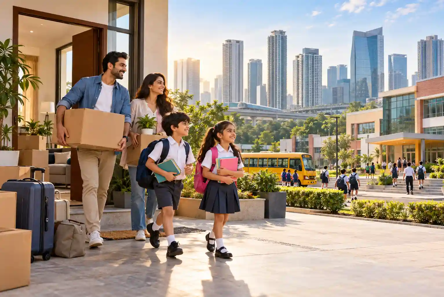 Indian family relocating to Gurgaon with school-going kids, carrying moving boxes and school bags near a modern school.